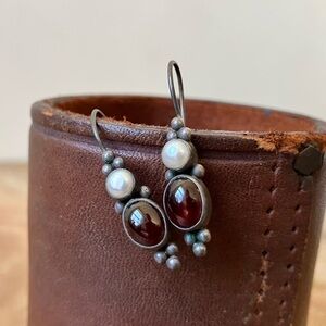 Vintage Amber Garnet and Pearl Sterling Silver Pendant Dangle Earrings